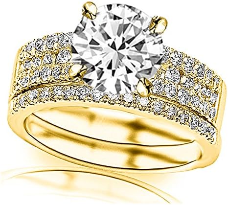 14K white gold 2.5 carat lab-grown diamond engagement ring and wedding band set, featuring a three-row prong and middle row channel design with round cut diamonds, D-E color, VS1-VS2 clarity, and a 2-carat center stone