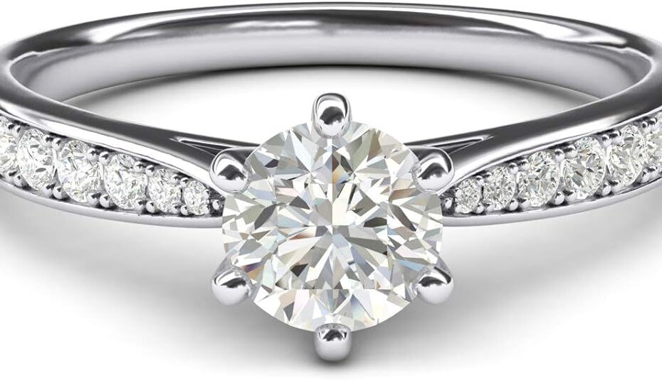 10k white gold and classic engagement ring with a simulated diamond or genuine moissanite.