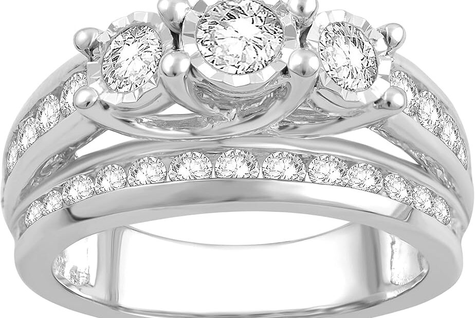 2-carat natural diamond engagement ring bridal set for women in 10K white gold with a classic design, featuring side stones and a central diamond, displayed with sizing details